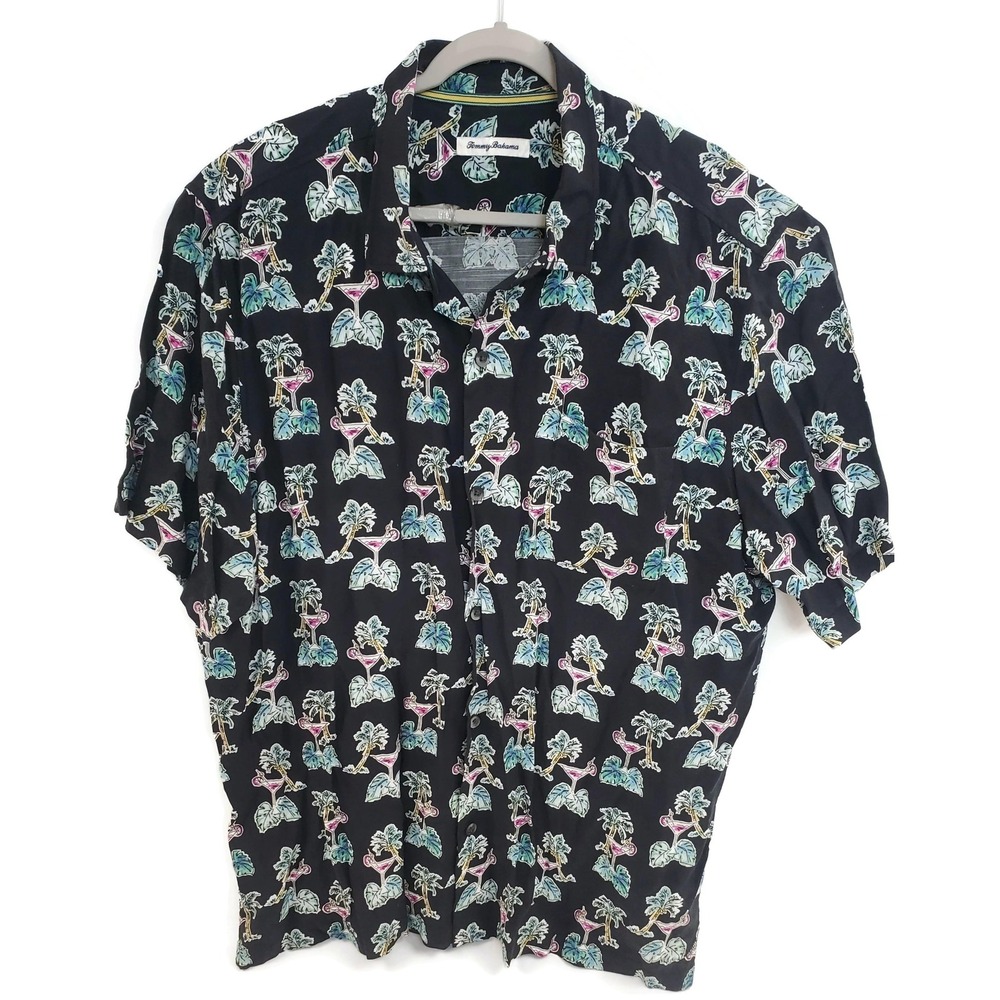 Tommy‎ Bahama Shirt Mens 2XL Black Tropical Flamingo Cocktail Print Button Up